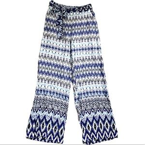 Shosho Women’s Pull On Boho Print Palazzo Wide Leg Pants, Blue White Size Large